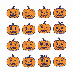 Set of sixteen cute cartoon jack-o'-lantern icons with a variety of funny, happy, and spooky facial expressions for Halloween