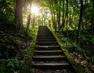 Stone stairs ascend into a sunlit forest, surrounded by lush greenery