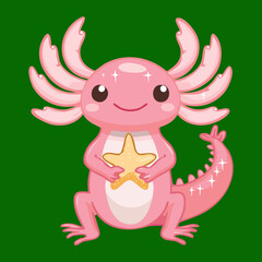 Charming Green Axolotl Animal Waving with a Bright Golden Star 