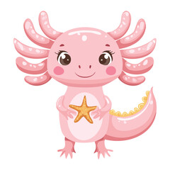 Adorable Pink Axolotl Animal Cartoon Character with a Golden Star on its Belly