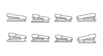 Collection of eight stapler icons showing different angles and designs for office and school supplies vector