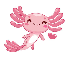 Naklejka premium Playful Pink Axolotl Waving Hand Holding Red Heart Shape Cute Valentines Day Cartoon Vector