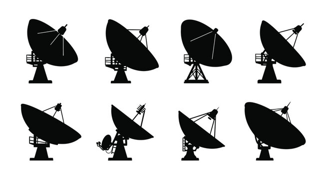 Satellite dishes communication technology signal reception outdoor antenna array set vector