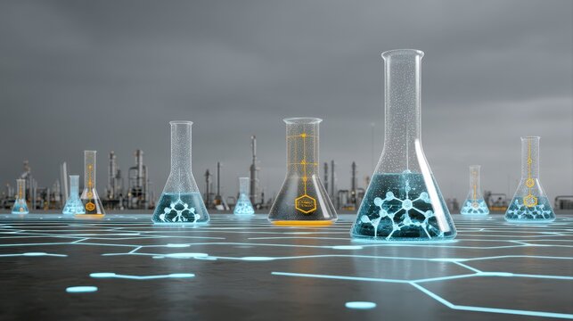 AI integrated medical security, A futuristic lab scene glowing flasks filled with colorful liquids, set against an industrial background