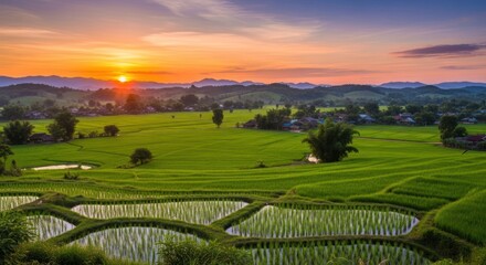 Fototapeta premium Lush rice paddies at sunset