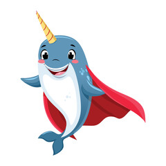 Superhero Cartoon Narwhal Standing Proudly with a Flowing Red Cape and Heroic Pose Ready for Action and Adventure Vector © firstcolor