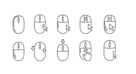 Collection of computer mouse icons showing different clicks and scrolling actions vector