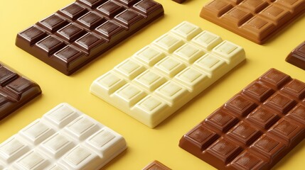 Assortment of Delicious Chocolate Bars on Yellow Background