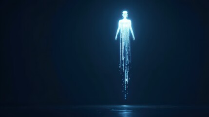 AI integrated medical security, A glowing, ethereal figure appears to hover above the ground, surrounded by digital particles, a futuristic and otherworldly atmosphere