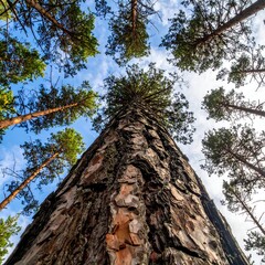 Upward shot of a towering tree trunk amidst a forest canopy
