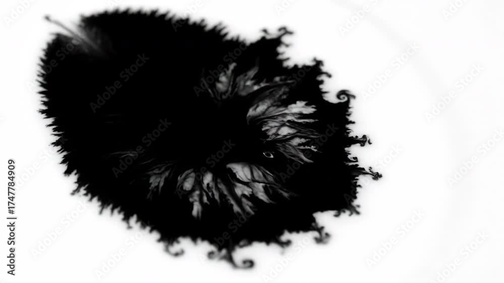 Sticker dark, thick black ink slowly spreading and forming intricate patterns on a smooth, reflective white 