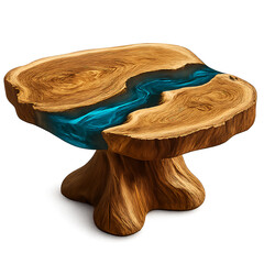 Organic Wood Stump Table with Blue Resin River and Textured Base live edge isolated on a transparent background
