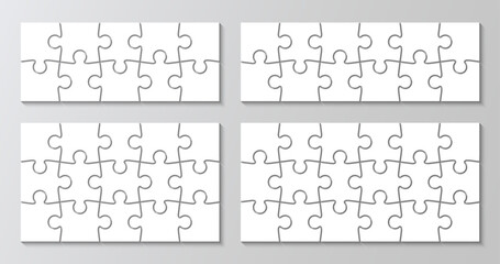 Jigsaw 4 grids set. Puzzle cutting templates. Simple mosaic background with separate details. Thinking game scheme. Vector illustration.