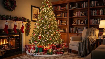 Cozy living room with a decorated christmas tree and fireplace - Powered by Adobe