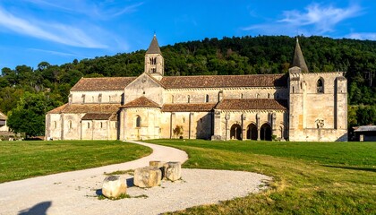 Stone structure with pointed spires, surrounded by greenery