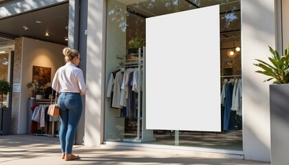 Young woman observing blank storefront display outside clothing shop  
