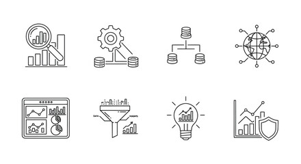 Set of thin line icons representing business analytics data flow strategy and security concepts vector