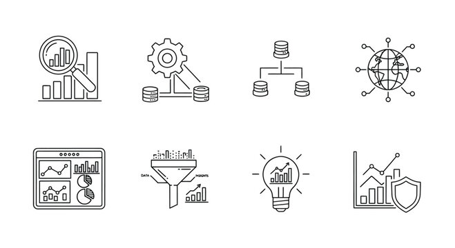 Set of thin line icons representing business analytics data flow strategy and security concepts vector
