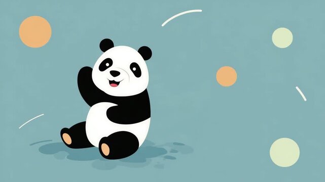 Cute cartoon panda sitting with arms raised on a blue background bear animal