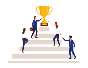 Teamwork Success - Business people team up and hold hands of each other, walking up s 