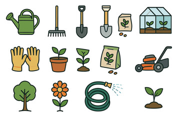 Colorful gardening tools and plants icons for various horticultural activities