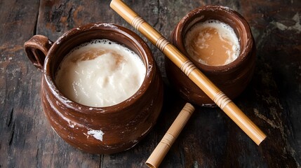 Authentic lassi drink in clay cups with bamboo straws, traditional indian beverage
