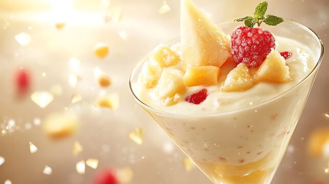 Yogurt pudding in a glass with fruits decorate honey conflake