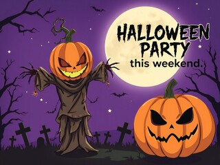 Spooky halloween party invitation with pumpkin scarecrow and jack o lantern