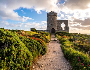 Stone tower overlooking a lush, flower-covered hill. Pathway leads to the structure