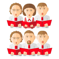 Illustration of choral singing - A group of people in folk costumes singing in a choir with songbooks