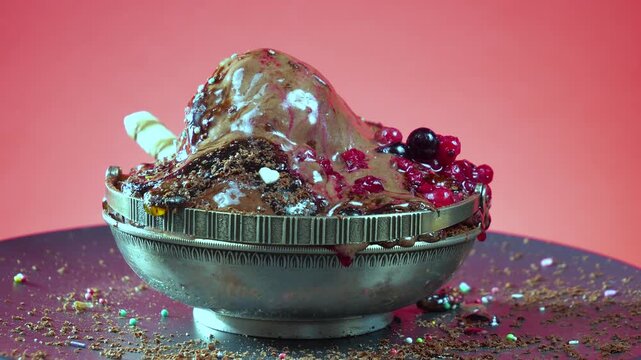 Balls of chocolate ice cream melt and slowly rotate against a brightly colored background.