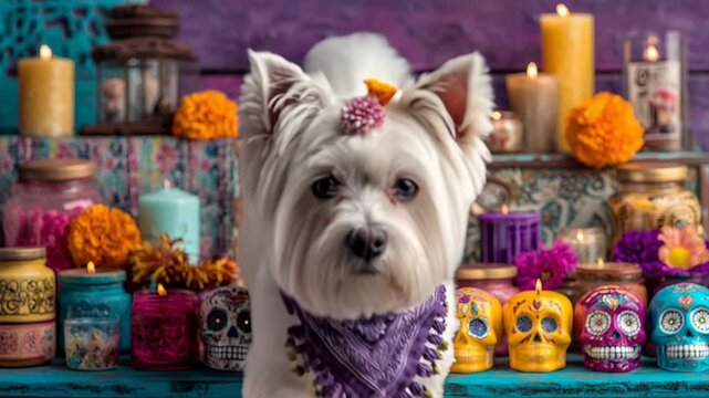 Day Of The Dead, Dog with Purple Bandana Among Colorful Decorations and Candles, Creating Festive Vibe