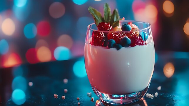 Yogurt pudding in a glass with fruits decorate honey conflake