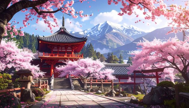 Templo japon&eacute;s rodeado de cerezos en flor. Jap&oacute;n, templo, pagoda