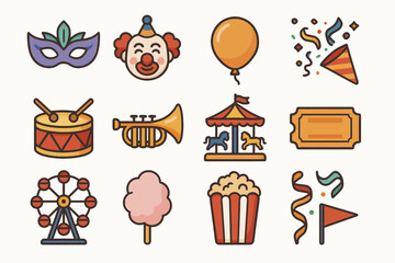 Colorful carnival icons collection: clown, mask, carousel, popcorn, ferris wheel, and more