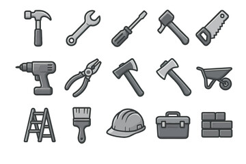Obraz premium Set of construction and hand tools icons including hammer, wrench, drill