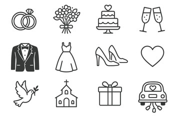 Naklejka premium Wedding icon set: rings, cake, attire, dove, church, car, gift