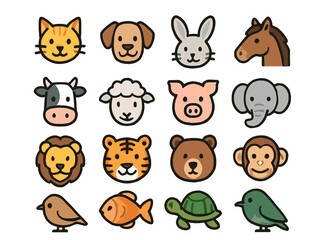 Fototapeta premium Cute animal icons with cartoon faces: cat, dog, rabbit, horse, and more
