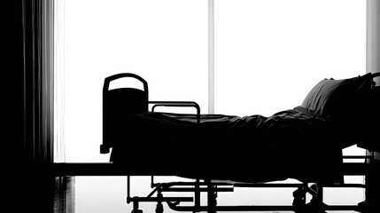 Fototapeta premium Silhouette of Hospital Bed Against Bright Window Background