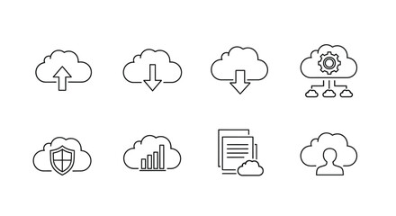 Set of cloud computing icons representing upload download security storage and network connections vector
