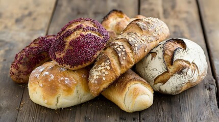 Assortment of freshly baked breads on a rustic wooden table, bakery concept