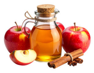 Rustic Jar of Apple Cider Vinegar with Whole Apples and Cinnamon Sticks, Side Angle, Transparent Background