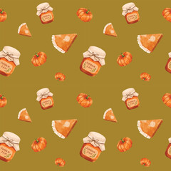 Cute Seamless pattern vector illustration set with pumpkin, pie and pumpkin jam for thanksgiving seasonal design