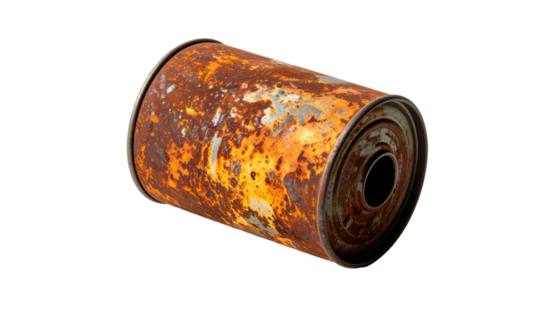 Rusted metal can against black