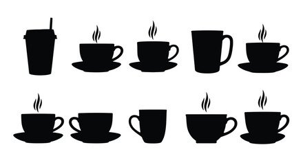 Collection of silhouette coffee and tea cups with steam emanating vector