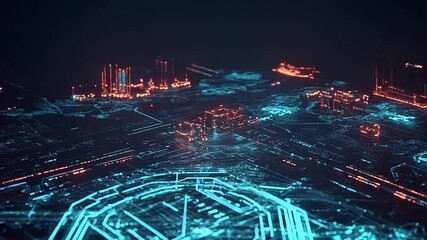 Digital cityscape circuit board representing data stream computing - Powered by Adobe