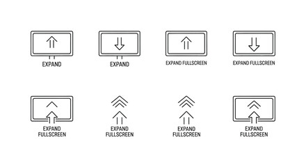 Set of eight schematic icons representing different display orientations and interface controls for screens and devices vector