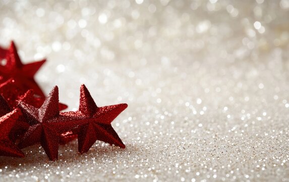 Festive red stars on a glittering white background