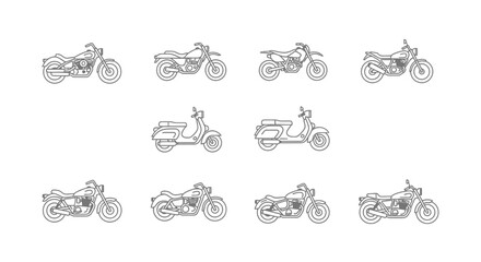 Collection of classic motorcycle and scooter line art sketches on white for design projects vector © rohan