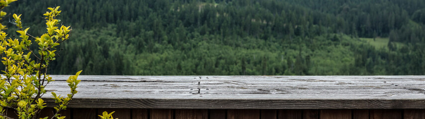Fototapeta premium Wide wooden table with copy space against a lush green forest background.